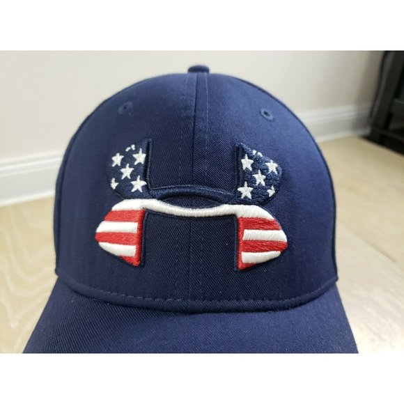 Under Armour Large XL Flex Fitted Hat UA American Flag Logo Embroidered Blue - Picture 3 of 10